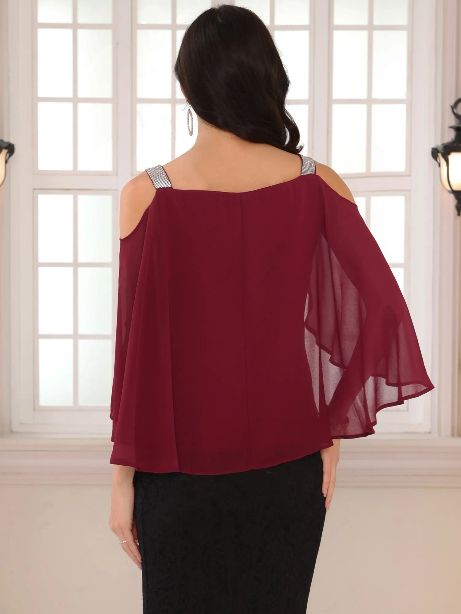 Women's Cold Shoulder Top Elegant Chiffon Ruched Cocktail Blouse