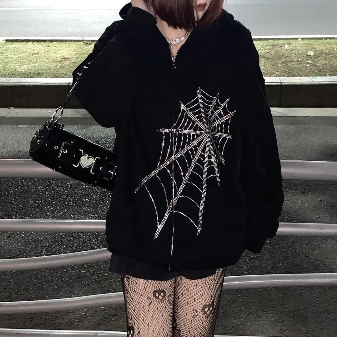 Y2K Oversize Gothic Butterfly Print Zip Up Hoodies New Winter Grunge Long Sleeve Sweatshirt Casual Hooded Jacket for Women and Men Streetwear