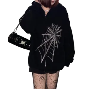 Y2K Oversize Gothic Butterfly Print Zip Up Hoodies New Winter Grunge Long Sleeve Sweatshirt Casual Hooded Jacket for Women and Men Streetwear