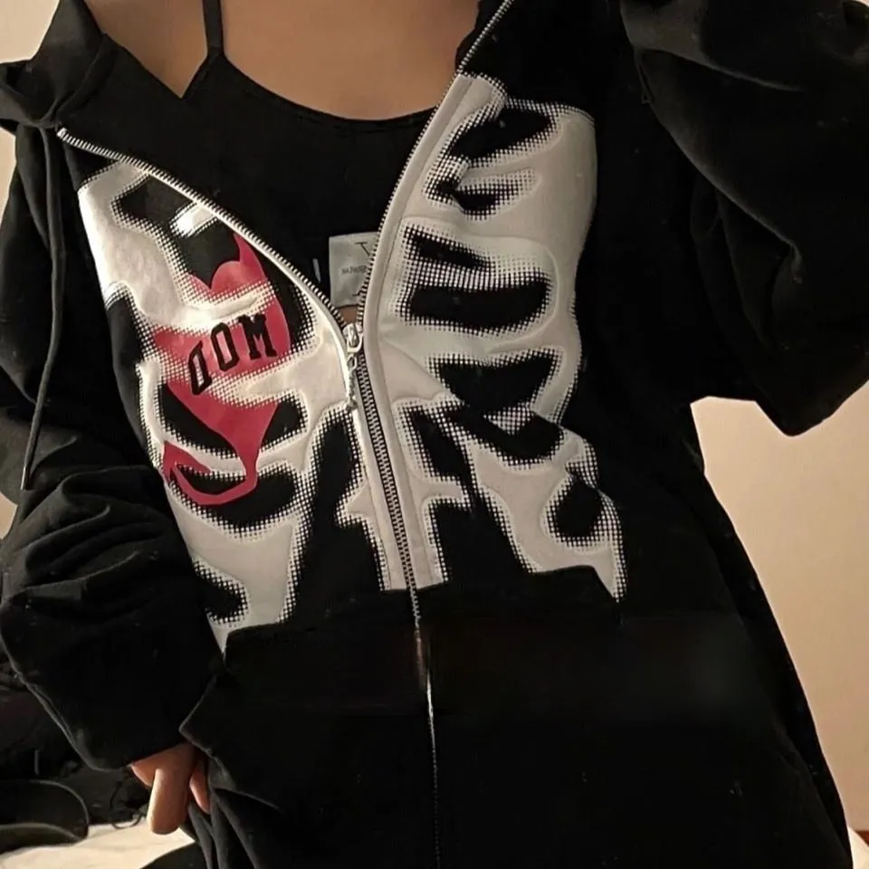 Y2K Oversize Gothic Butterfly Print Zip Up Hoodies New Winter Grunge Long Sleeve Sweatshirt Casual Hooded Jacket for Women and Men Streetwear